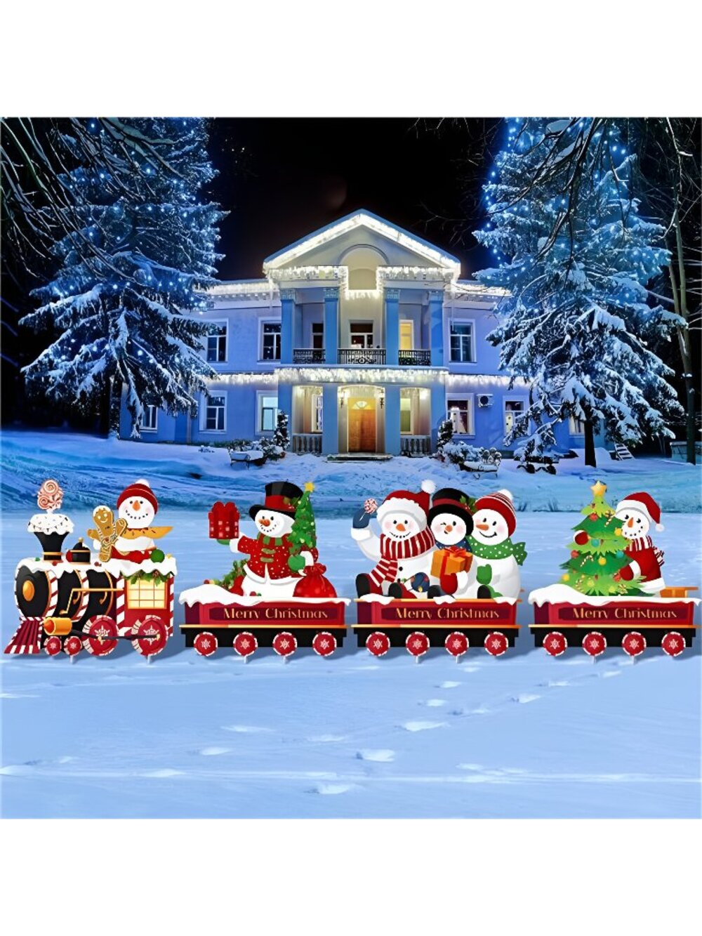 4 Pieces Christmas Decorations Yard Train Lawn Sign Gingerbread Santa Snowman